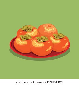 Collection of fruit (persimmon) illustrations in Chinese New Year, vector, green background.