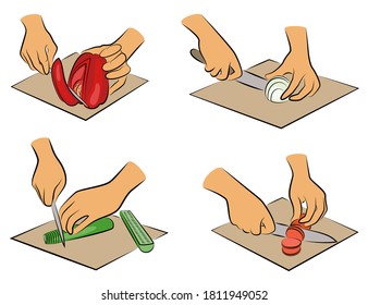 Collection. Fruit processing. On a kitchen board, peel and cut with a knife a cucumber, onion, carrot. The hands of the cook are preparing food. Vector illustration set.