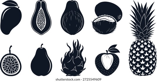 Una colección de siluetas de frutas, incluida una piña, dispuestas en dos filas sobre un fondo blanco