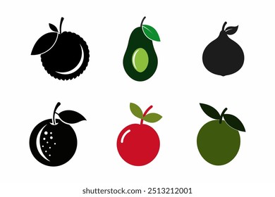 Collection of Fruit Silhouettes Vector Icons on White Background" is a set of stylized, high-quality vector graphics featuring various fruit silhouettes. 