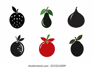 Collection of Fruit Silhouettes Vector Icons on White Background" is a set of stylized, high-quality vector graphics featuring various fruit silhouettes. 