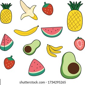 Collection of fruit vector illustration. Cute illustration. Banana, pineapple, strawberry, avocado and watermelon. Combination of fruits. Different types of fruit.