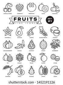 Collection of fruit vector outline icons. Illustration of healthy food from all over the world. Set 1 of 3.