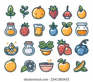 Collection of fruit and vegetables with a blue background. The fruits include apples, oranges, and strawberries