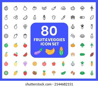 Collection of fruit and veggies linear icons and color icons. cherry, watermelon, peach, peas, corn. Set of Pear, apple symbols drawn with thin contour lines.