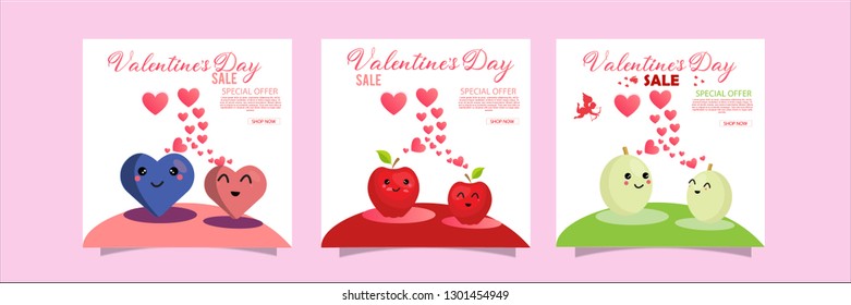 Collection of fruit,pink, white colored Valentine's day card, sale and other flyer templates with mascot. Typography poster, card, label, banner design set. Vector illustration EPS10