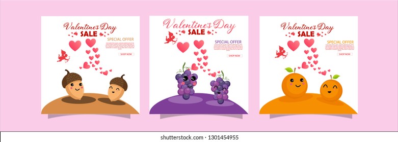 Collection of fruit,pink, white colored Valentine's day card, sale and other flyer templates with mascot. Typography poster, card, label, banner design set. Vector illustration EPS10