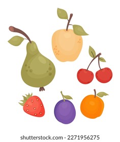 Collection fruits and berries. Apple, pear, strawberry, plum, apricot and cherry. Vector illustration. Isolated natural fruits in cartoon flat style