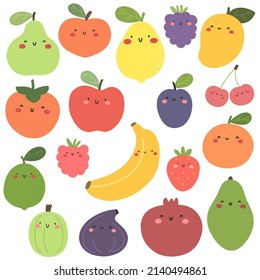 Collection of fruits and berries in cartoon style. Vector isolates on white background.