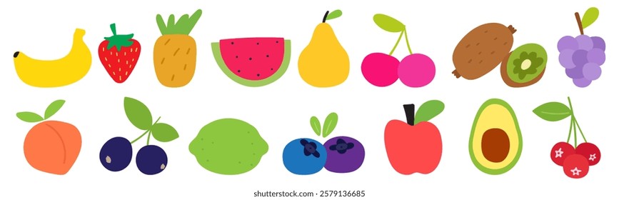 Collection of fruits and berries. Isolated icons. Hand drawn vector colorful design. Illustrations on white background. 