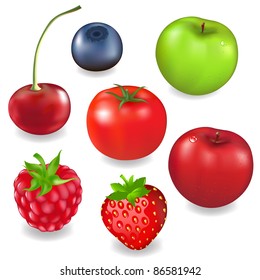 Collection Fruits And Berries, Isolated On White Background, Vector Illustration