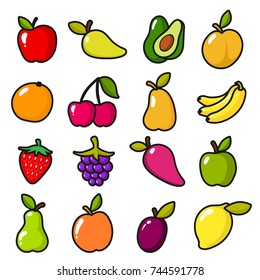 Collection of fruits in cartoon style. Fruit food cartoon, apple and lemon, banana and sweet pear. Vector illustration