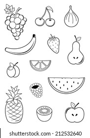 Collection of fruits - cherry, banana, pineapple, kiwi, apple, pear, strawberry, fig, raspberry, watermelon, plum. outline drawing design. vector art image illustration, isolated on white background