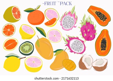 Collection of fruits. Citrus, lemon, lime, kiwi, papaya, coconut, mango. Editable vector illustration