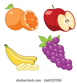 A collection of fruits contain an orange, an apple, a banana, and a grape