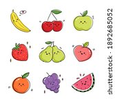 Collection of fruits expressing positive emotions. Set of drawings with fruits and berries in kawaii style.