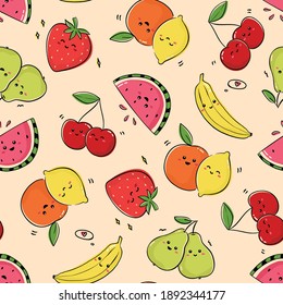 Collection of fruits expressing positive emotions. Set of drawings with fruits and berries in kawaii style.