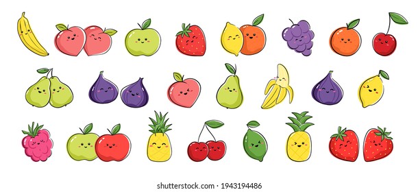 Collection of fruits expressing positive emotions. Vector set of drawings with cute fruits and berries in kawaii style Punny fruits