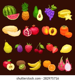 Collection Of Fruits Flat Icons, Fruits Set On Brown Background