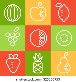 Collection of fruits in linear style. Outline icons set vector illustration collection.