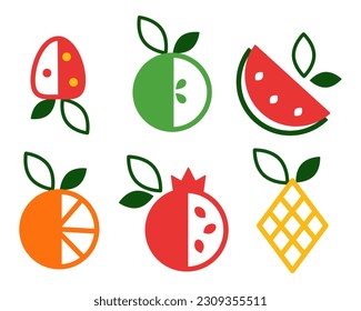 Collection of fruits in a minimalistic style. Cute colorful fruits in trendy geometric simple design. Vector illustration