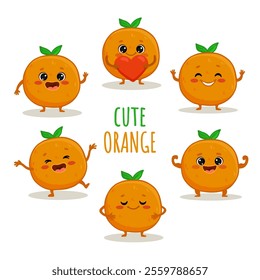 Collection of fruits. Set of cute cartoon citrus characters with emotions isolated on white background. Orange in different poses. Funny fruit. Vector illustration.
