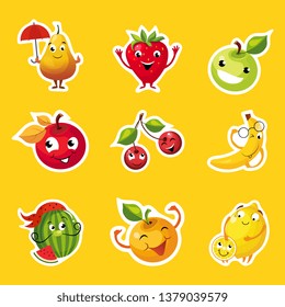 Collection of Fruits Stickers, Pear, Apple, Orange, Cherry, Lemon, Watermelon, Banana Characters with Funny Faces Vector Illustration
