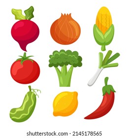 Collection of fruits and vegetables. Beetroot, onion, corn, tomato, spring onion, lemon, chili, cucumber. Cartoon flat vector illustration.