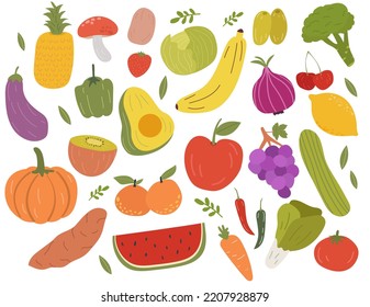 Collection Fruits Vegetables Hand Drawn Vector Stock Vector (Royalty ...