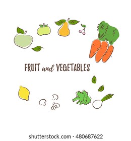 Collection of fruits and vegetables. Hand-drawn vector illustration. Green apples, yellow pears, carrots with leaves, lemon, mushrooms, broccoli and green onions. Template border menu vegetarian cafe