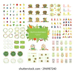 Collection of fruits, vegetables, and kitchen elements, icons isolated on white background. Set of food, bags, frames, logos, banners, jars, and beverages in flat design. Vector vegan set in eps10