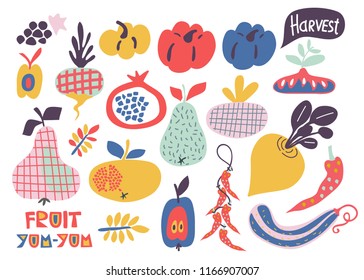 Collection of fruits and vegetables. Vegetarian vegetation. Vector cartoon illustration with set of pumpkins, pears, apples, turnip, zucchini, peppers. Isolated.