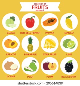 collection of fruits version two, food vector illustration, flat icon set