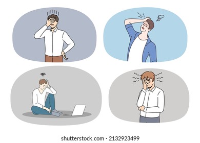 La colección de hombres frustrados se siente angustiada por el error o el error. Un grupo de insatisfechos y preocupados que sufren de problemas tienen frustración o confusión. Tensión laboral y ansiedad. Ilustración vectorial. 