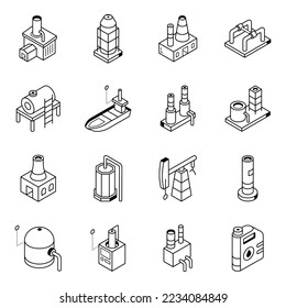 Collection of Fuel Factory Isometric Line Icons 

