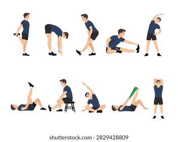 Collection of Full Body Stretching Exercises for Fitness and Flexibility. Flat vector illustration isolated on white background