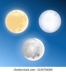 Collection of full moon vector illustration isolated on night background. Set of moon cartoon vector illustration. Full moon design vector illustration