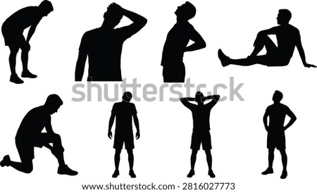 A collection of full-body and upper-body male vector silhouettes illustrating various physical pain points, including backache, neck pain, fatigue, and sports injuries. Suitable for medical infographics, physiotherapy materials, fitness recovery guides, and healthcare design concepts.