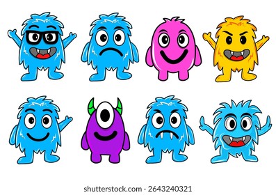 A collection of full-color monster icons with diverse and cheerful expressions and designs. Perfect for projects that require appealing and varied visuals,
