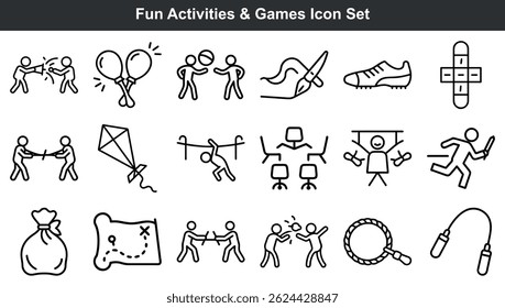 A collection of fun activity and game icons depicting various playful and engaging concepts