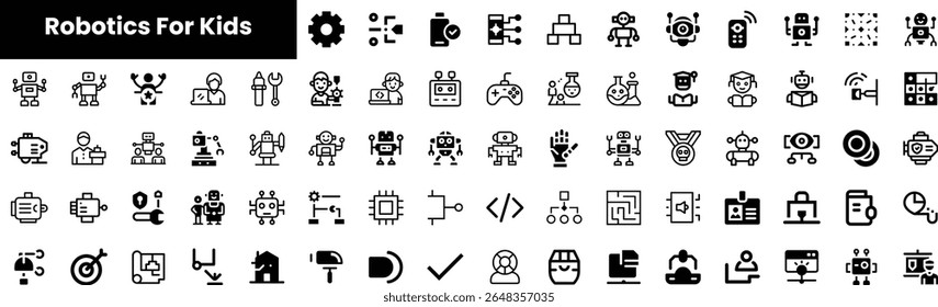 A collection of fun, black-and-white robotics icons for kids, featuring friendly robots, tools, and gaming elements, encouraging creativity and STEM learning.