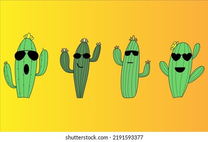 Collection of Fun Cactus with Glasses Gradation Background Illustrations 