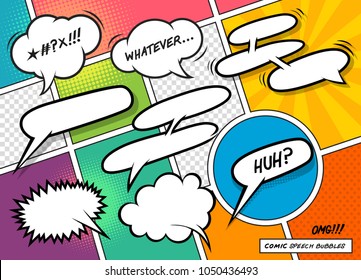 A collection of fun cartoon speech bubbles on a colourful background. Vector illustration