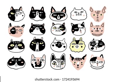 Collection of fun cat faces or heads. Bundle of various cartoon cats muzzles isolated on white background. Hand drawn vector illustration