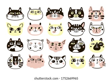 Collection of fun cat faces or heads. Bundle of various cartoon cats muzzles isolated on white background. Hand drawn vector illustration