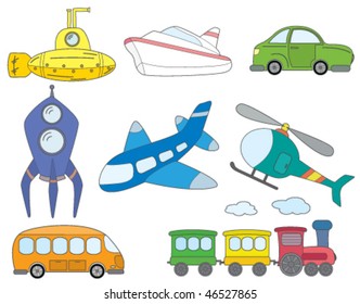 Collection of fun color doodles on the transport theme