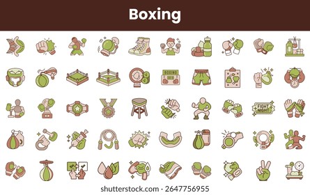 A collection of fun and colorful boxing-themed icons, showcasing various aspects of the sport, including gloves, rings, trophies, and training equipment.