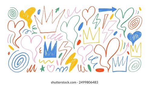 Collection fun colorful doodle crowns, melting hearts, spirals and lightnings. Hand drawn childish crayon drawings. Creative various quirky pencil crowns and romantic icons. Valentine’s Day elements.