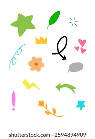 collection of fun and colorful doodle elements, including arrows, stars, hearts, and abstract shapes. Perfect for decoration, social media, and creative design projects.