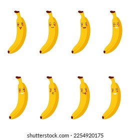 Una colección de divertidas, lindas y divertidas ilustraciones vectoriales de bananas con diferentes caras expresivas es perfecta para su uso en diseños de comida, libros para niños, tarjetas de felicitación u otros proyectos creativos.